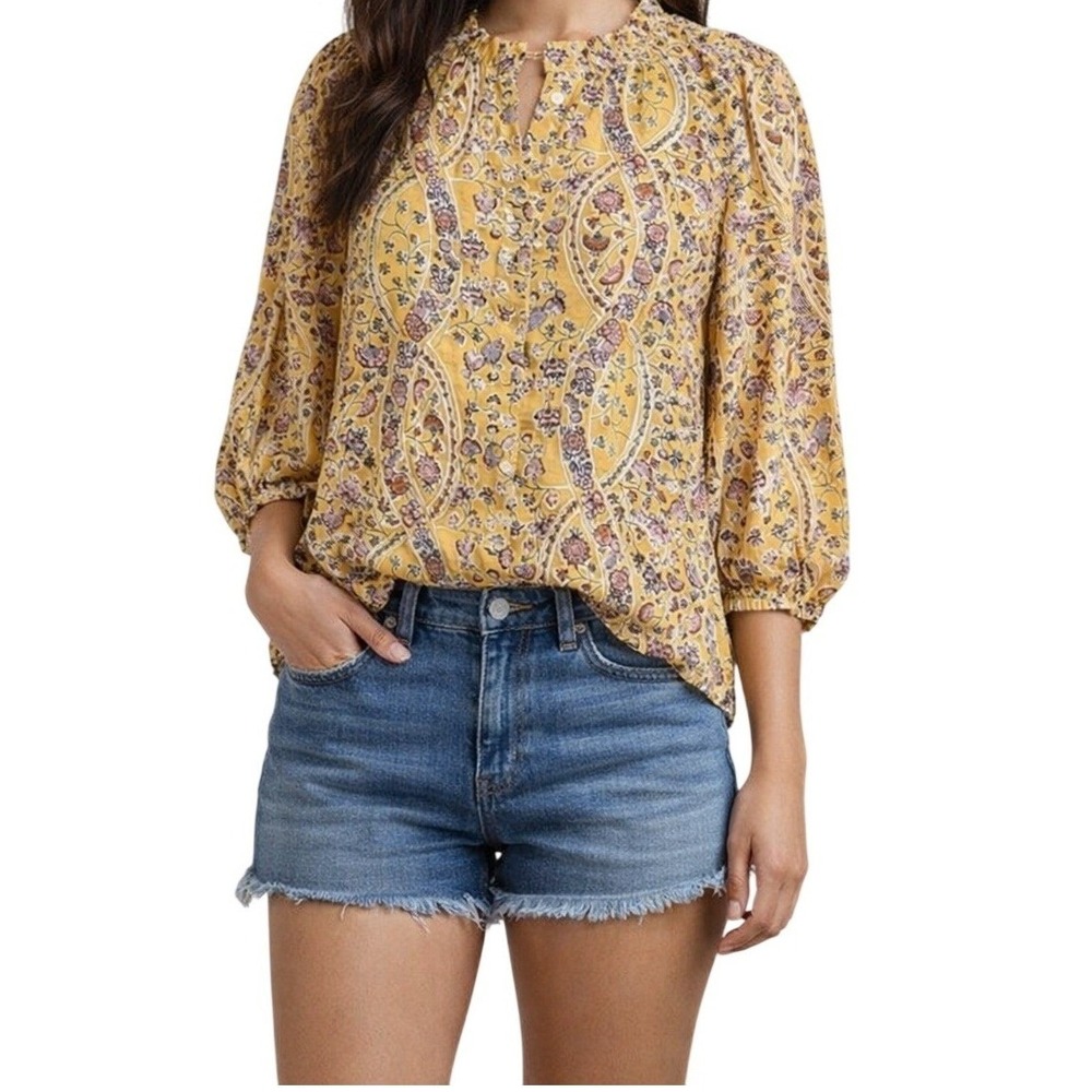 Melloday‎ Mustard Yellow Floral Paisley Balloon Sleeve Blouse Large
